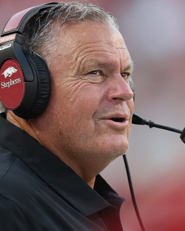 Razorbacks coach Sam Pittman on sidelines against BYU on Saturday night